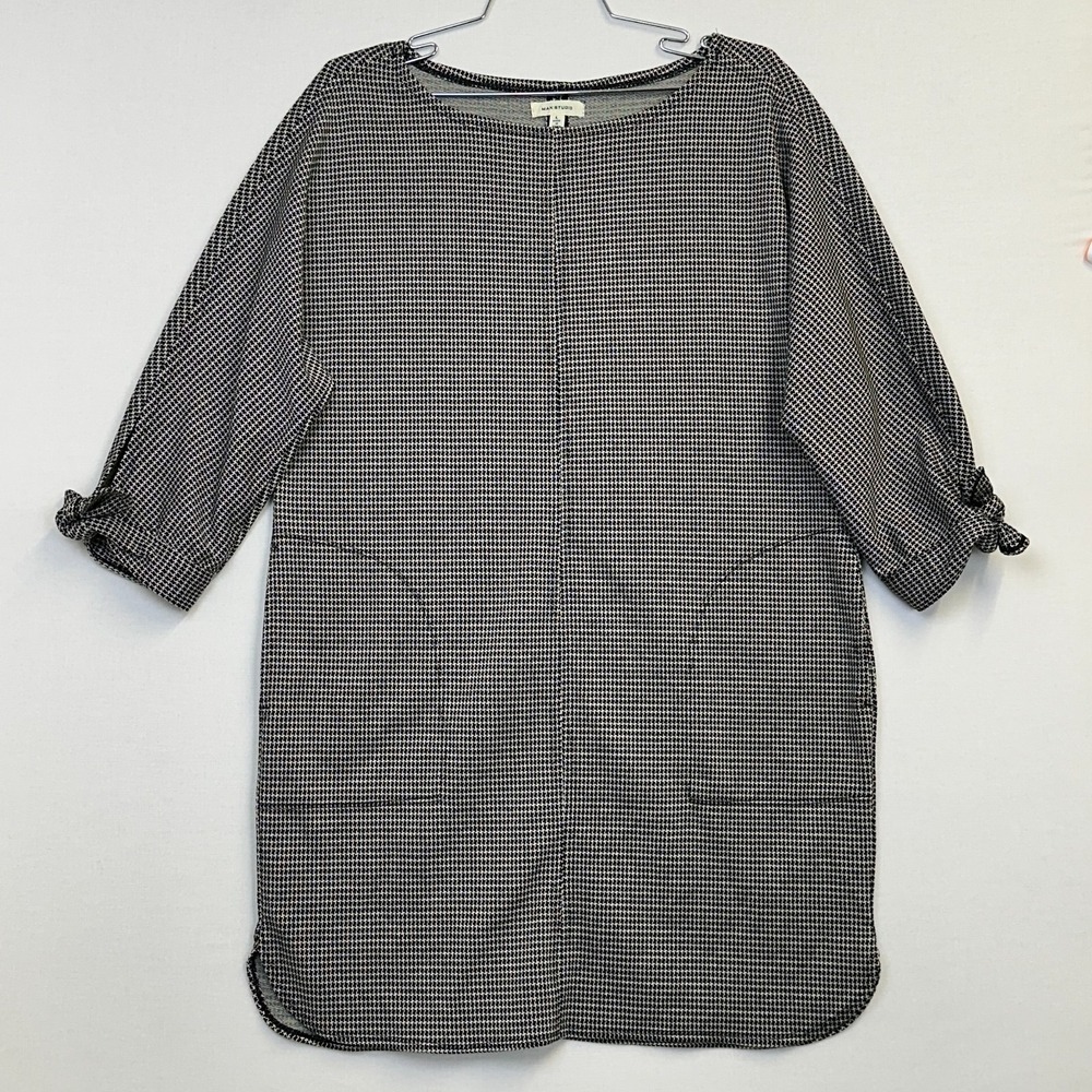 Max Studio Womens Houndstooth Tunic Dress L Black White 3/4 Cuff Sleeve